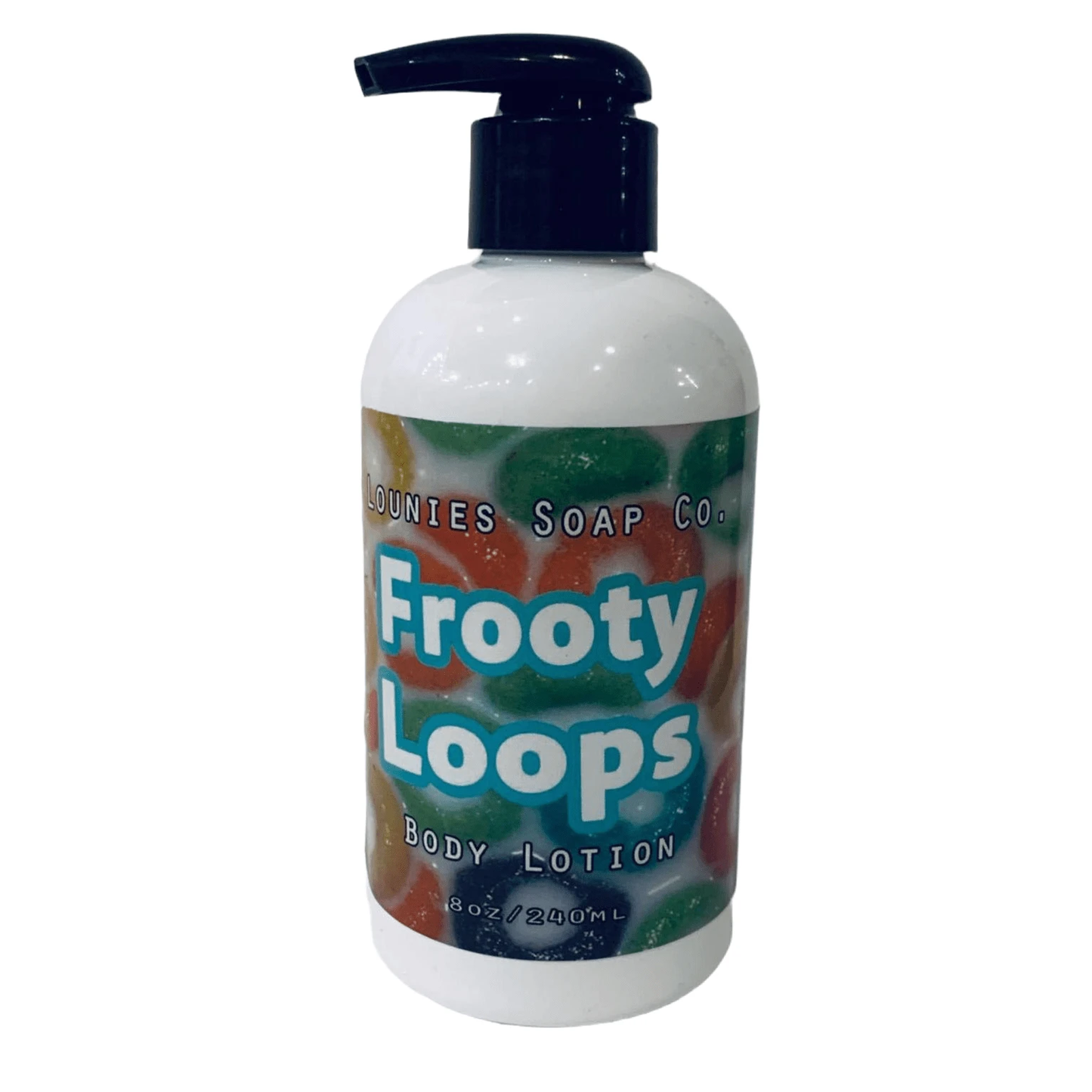 Frooty Loops Lotion bottle with pump, bright candy-loop label, coconut-infused body lotion.